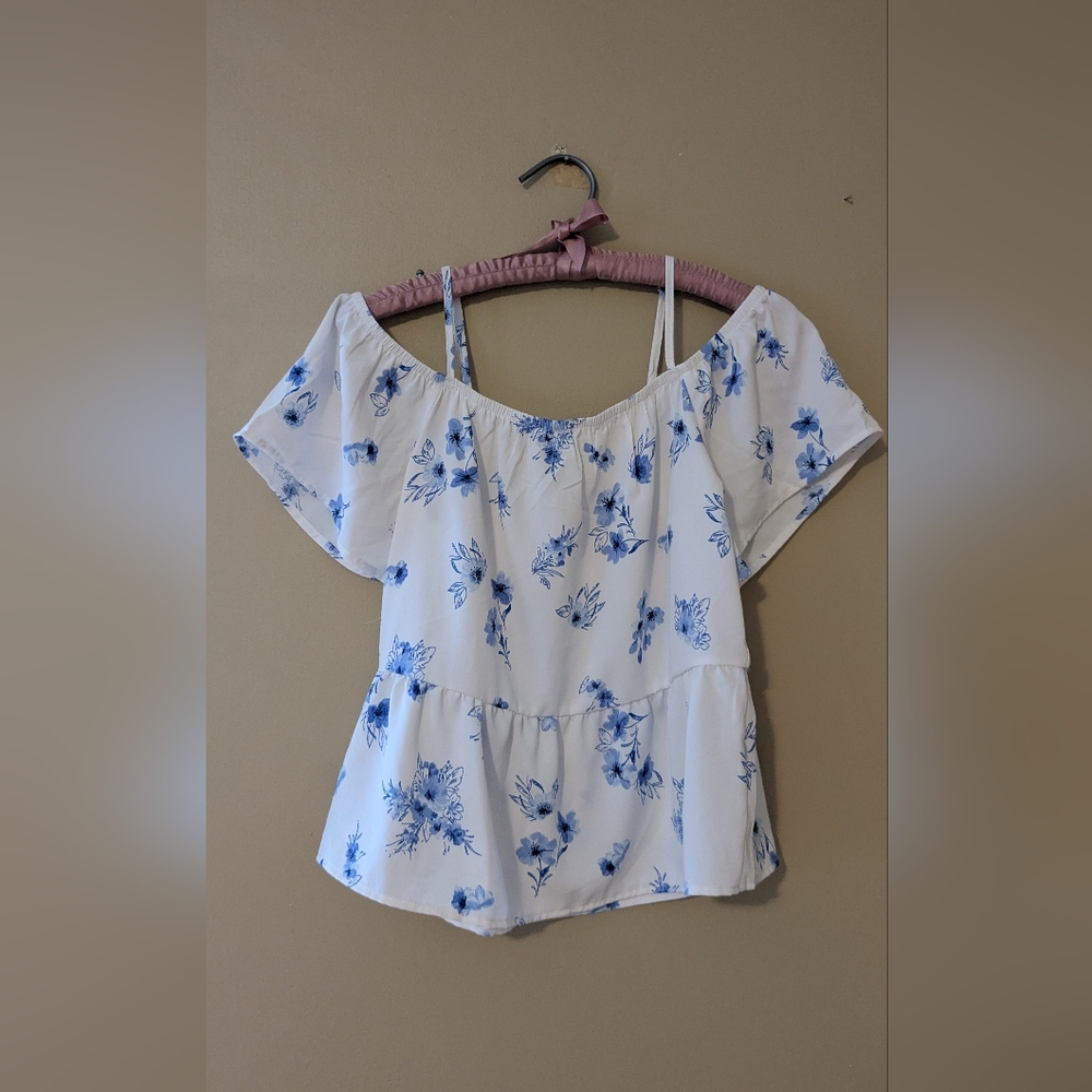 Hippie Rose White and Blue Ruffled Peplum Blouse
